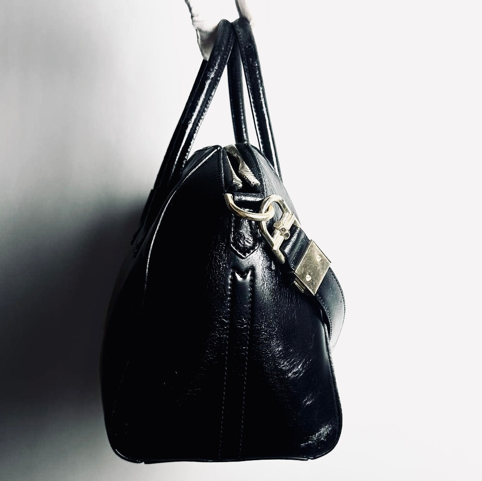 Givenchy Black GHW Small Antigona Shiny Calfskin Leather Monogram Logo 2-Way Top Handle Shoulder Sling Bag