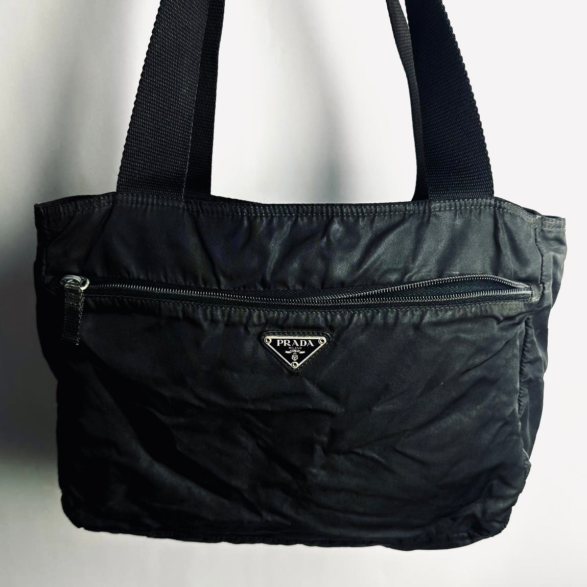 Prada Black Tessuto Classic Logo Nylon Shoulder Shopper Zip Tote Bag