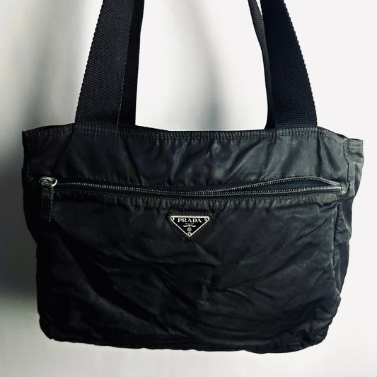 Prada Black Tessuto Classic Logo Nylon Shoulder Shopper Zip Tote Bag