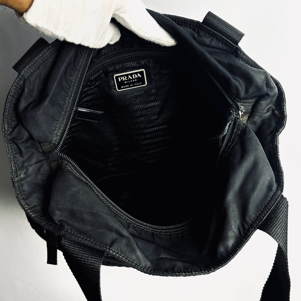 Prada Black Tessuto Classic Logo Nylon Shoulder Shopper Zip Tote Bag