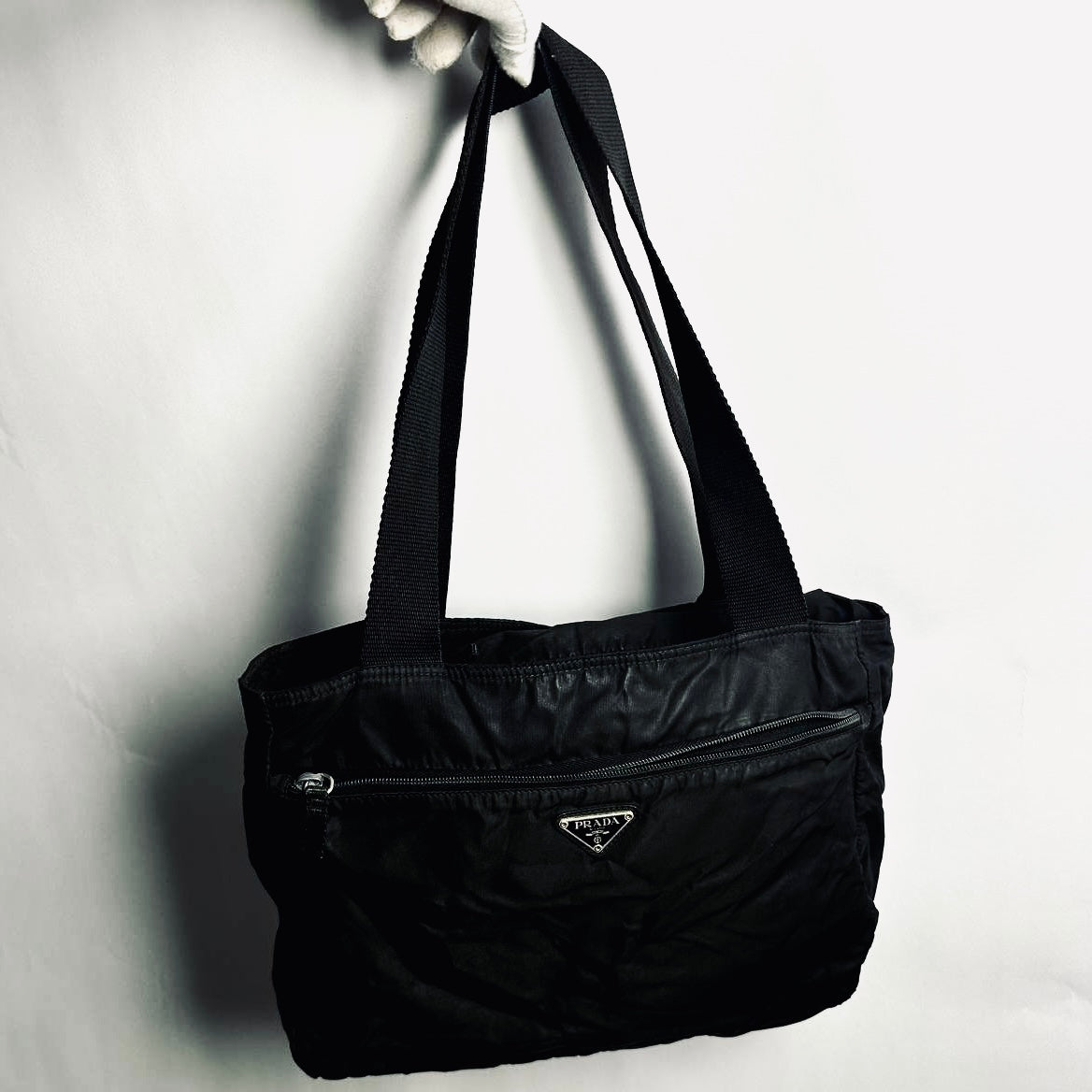 Prada Black Tessuto Classic Logo Nylon Shoulder Shopper Zip Tote Bag