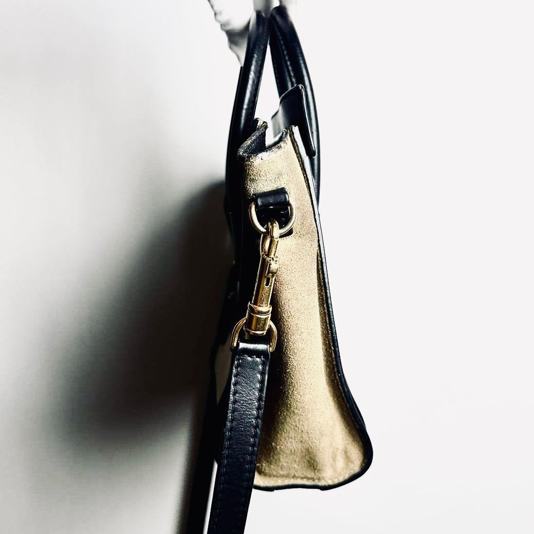 Celine Nano Luggage Beige / Black / Taupe GHW Monogram Logo Leather / Toile / Suede Tricolour Top Handle Shoulder Sling Bag