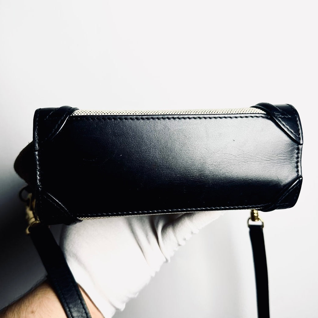 Celine Nano Luggage Beige / Black / Taupe GHW Monogram Logo Leather / Toile / Suede Tricolour Top Handle Shoulder Sling Bag