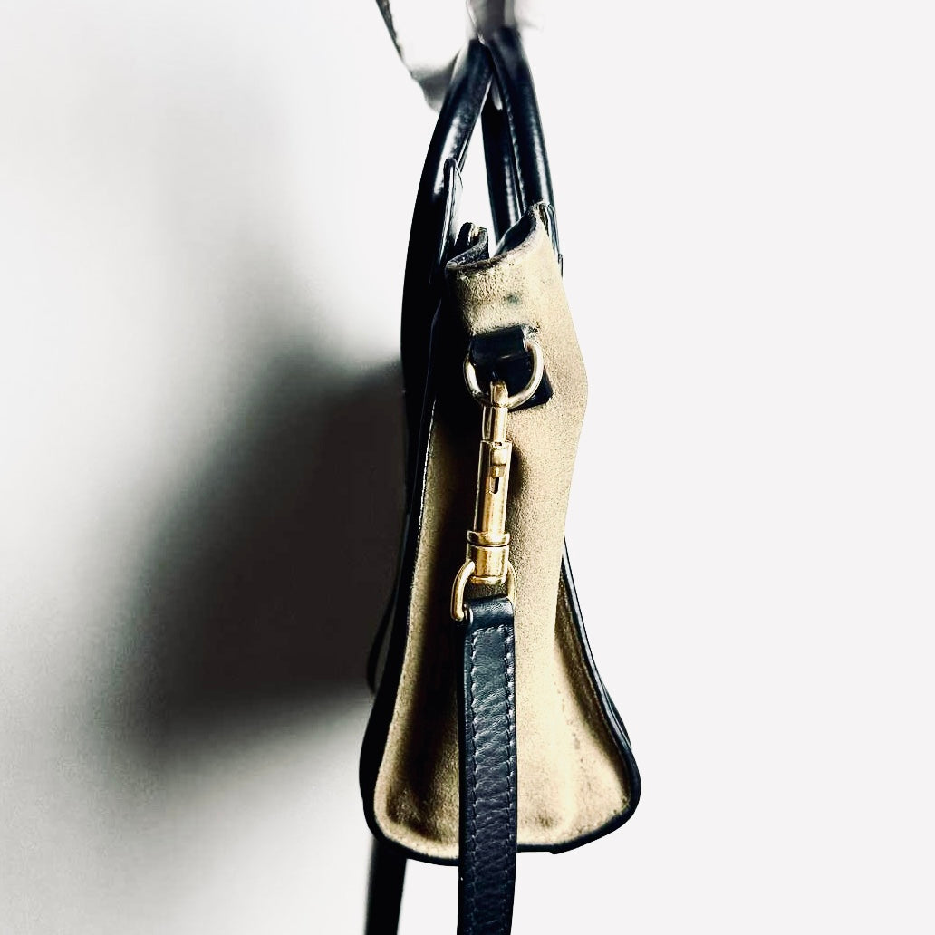 Celine Nano Luggage Beige / Black / Taupe GHW Monogram Logo Leather / Toile / Suede Tricolour Top Handle Shoulder Sling Bag