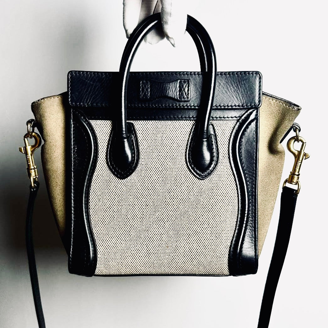Celine Nano Luggage Beige / Black / Taupe GHW Monogram Logo Leather / Toile / Suede Tricolour Top Handle Shoulder Sling Bag