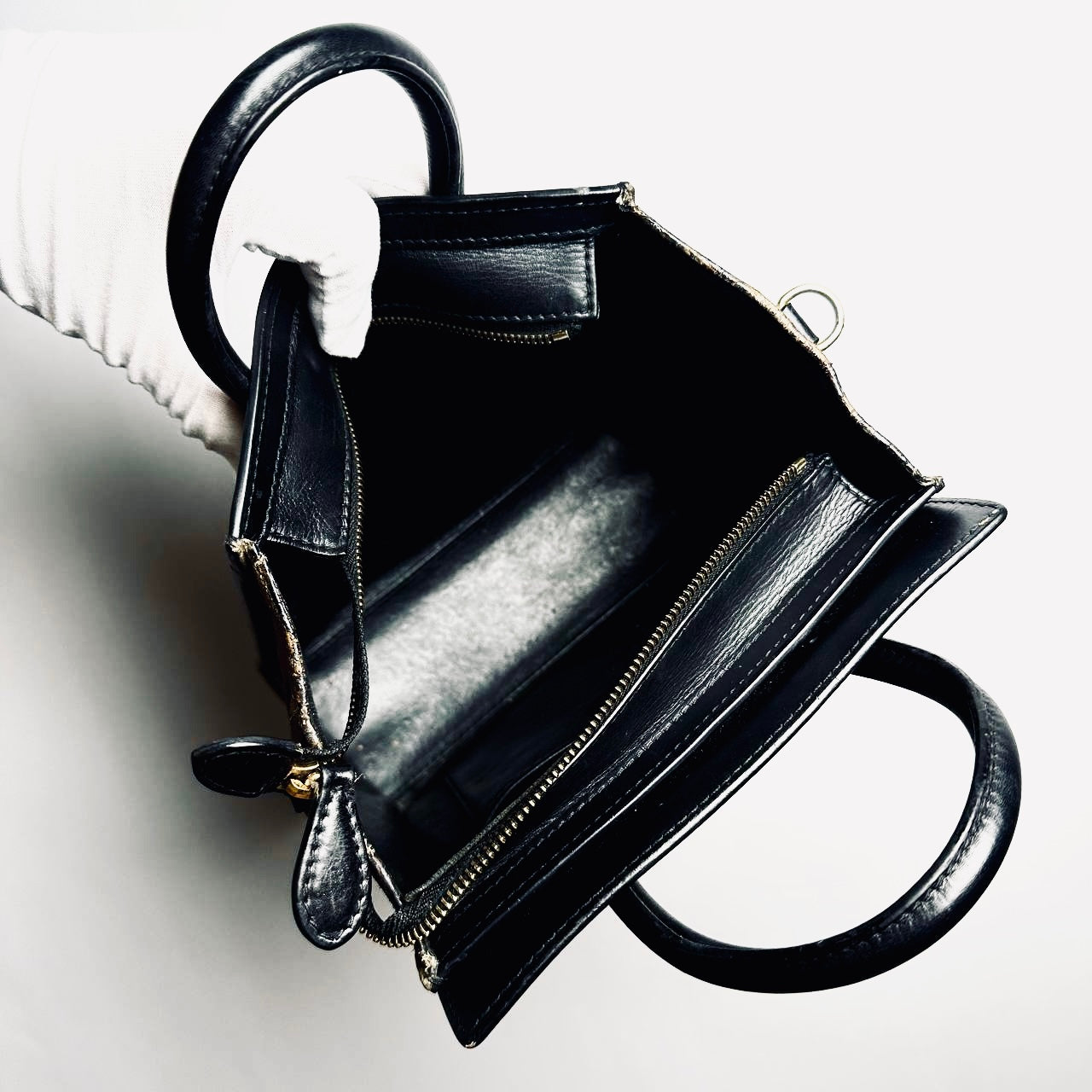 Celine Nano Luggage Beige / Black / Taupe GHW Monogram Logo Leather / Toile / Suede Tricolour Top Handle Shoulder Sling Bag
