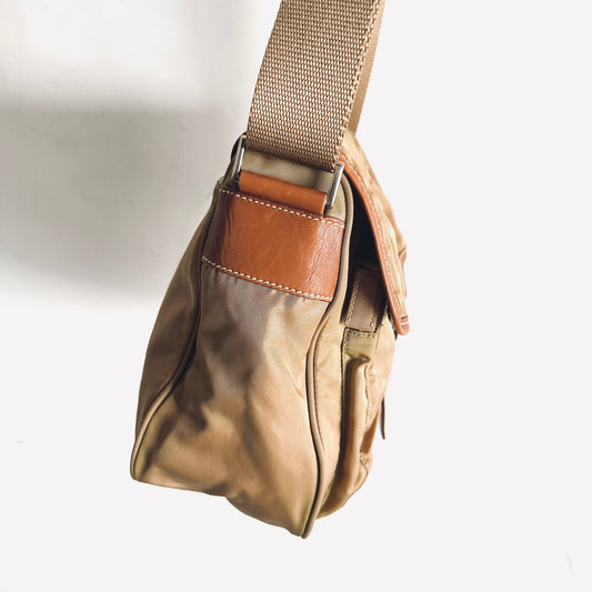 Prada Tan Khaki Tessuto Classic Logo Nylon & Leather Flap Shoulder Sling Bag