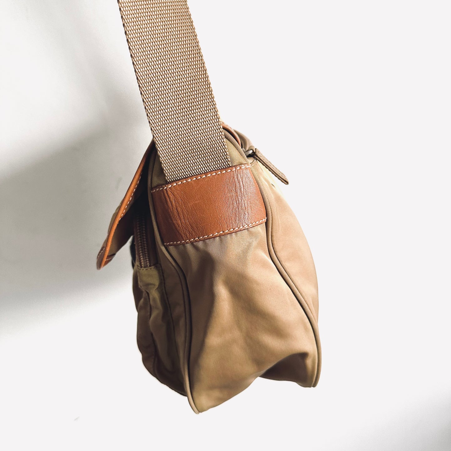 Prada Tan Khaki Tessuto Classic Logo Nylon & Leather Flap Shoulder Sling Bag