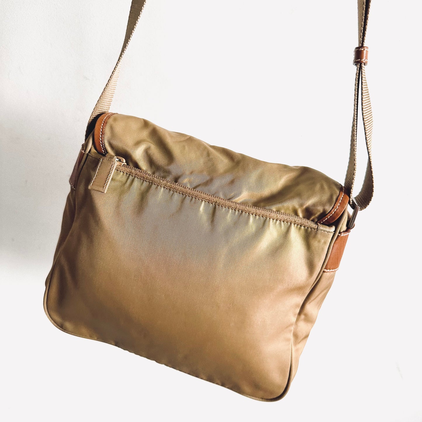 Prada Tan Khaki Tessuto Classic Logo Nylon & Leather Flap Shoulder Sling Bag