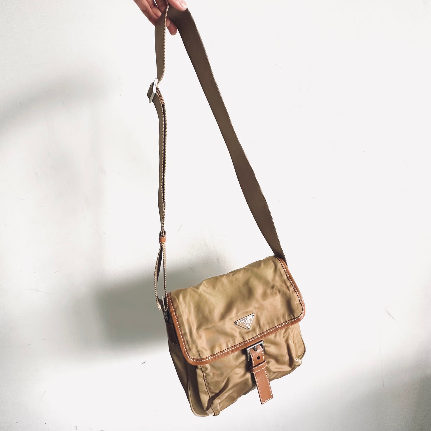 Prada Tan Khaki Tessuto Classic Logo Nylon & Leather Flap Shoulder Sling Bag