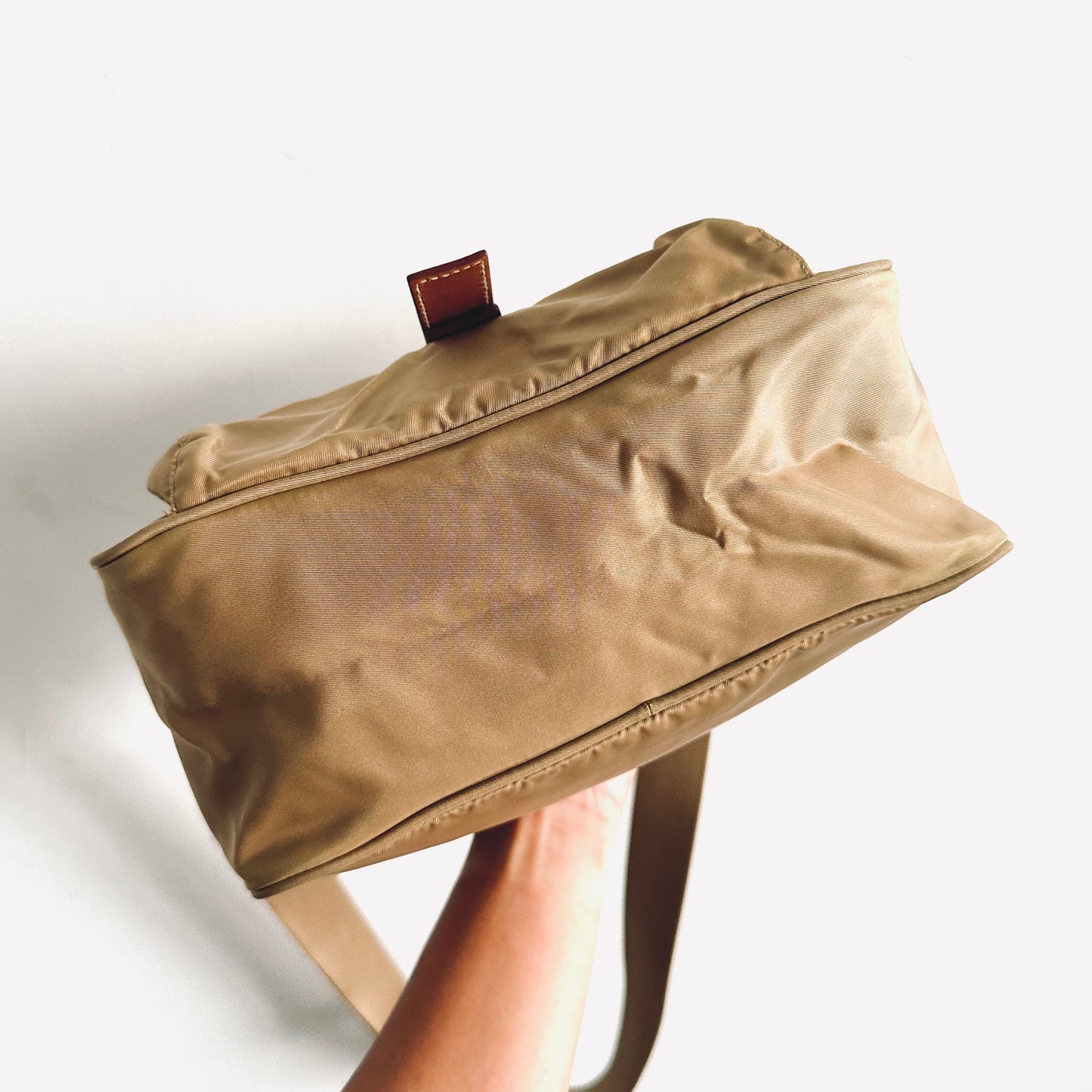 Prada Tan Khaki Tessuto Classic Logo Nylon & Leather Flap Shoulder Sling Bag