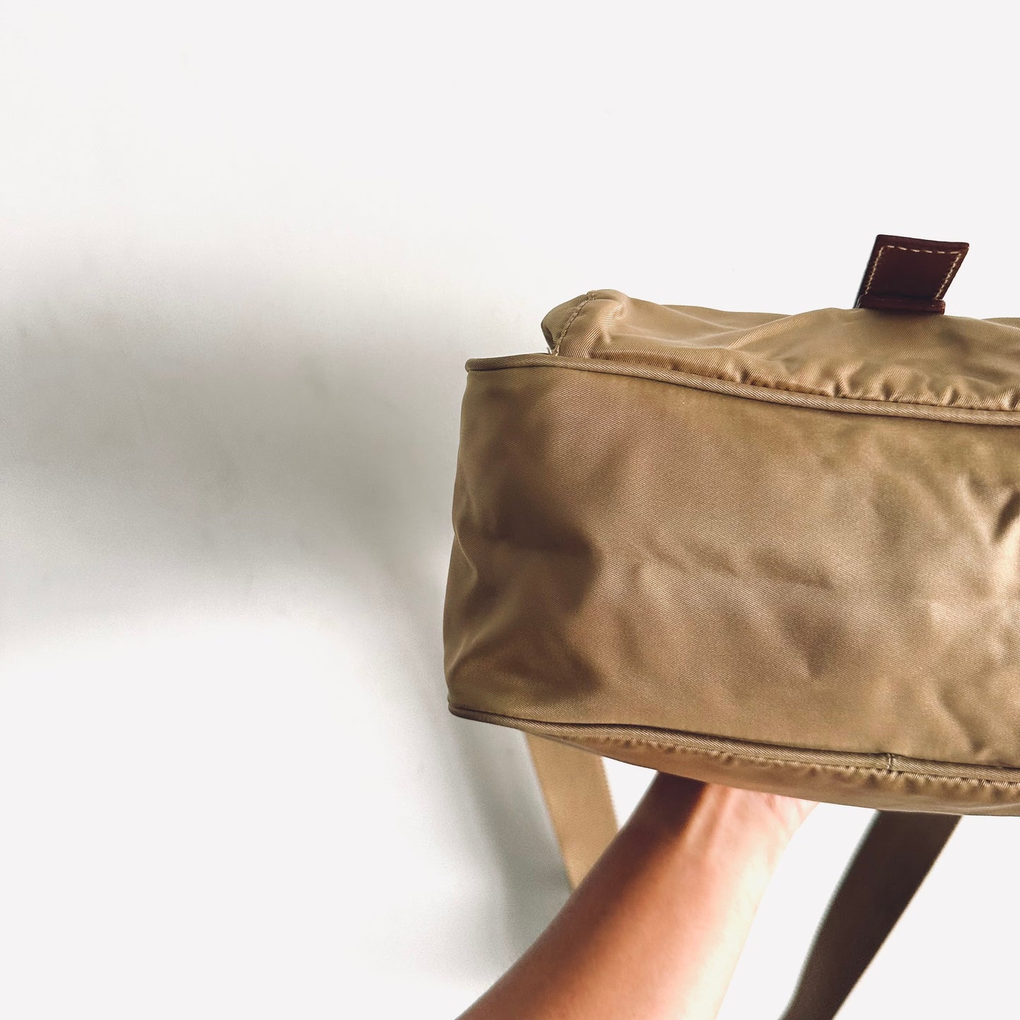 Prada Tan Khaki Tessuto Classic Logo Nylon & Leather Flap Shoulder Sling Bag