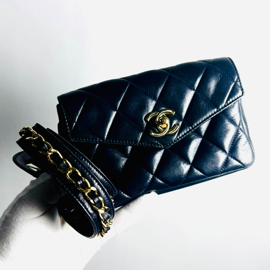 Chanel Navy Blue GHW Giant CC Logo Quilted Lambskin Turnlock 2-Way Vintage Belt Waist Shoulder Sling Bag Clutch Pouch
