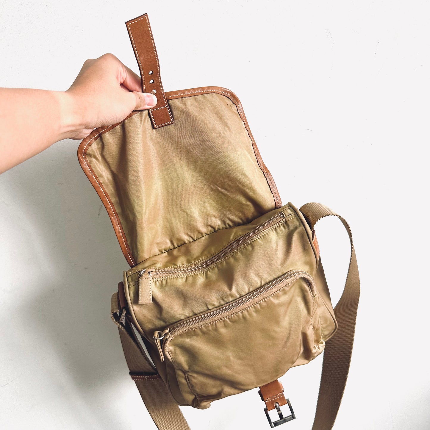 Prada Tan Khaki Tessuto Classic Logo Nylon & Leather Flap Shoulder Sling Bag
