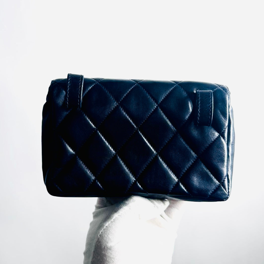 Chanel Navy Blue GHW Giant CC Logo Quilted Lambskin Turnlock 2-Way Vintage Belt Waist Shoulder Sling Bag Clutch Pouch