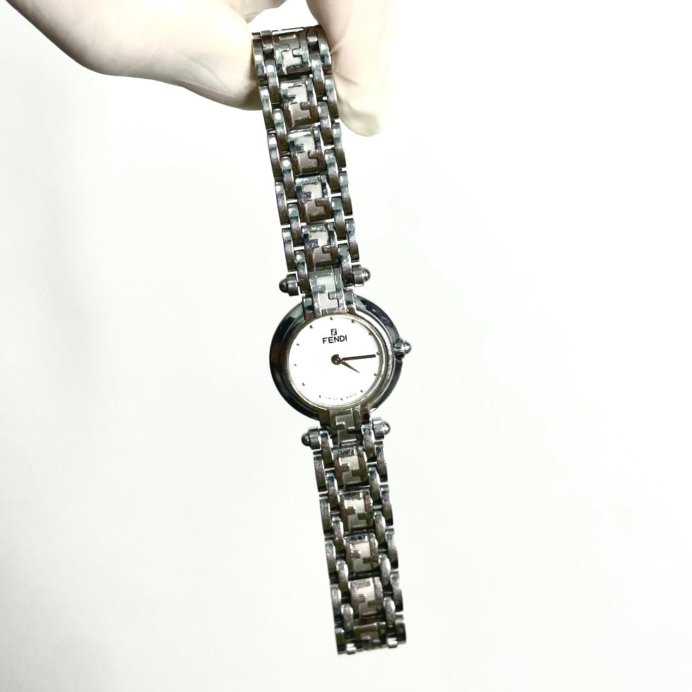 Fendi FF Monogram Logo White Dial Round Stainless Steel 750L 25MM Quartz Watch