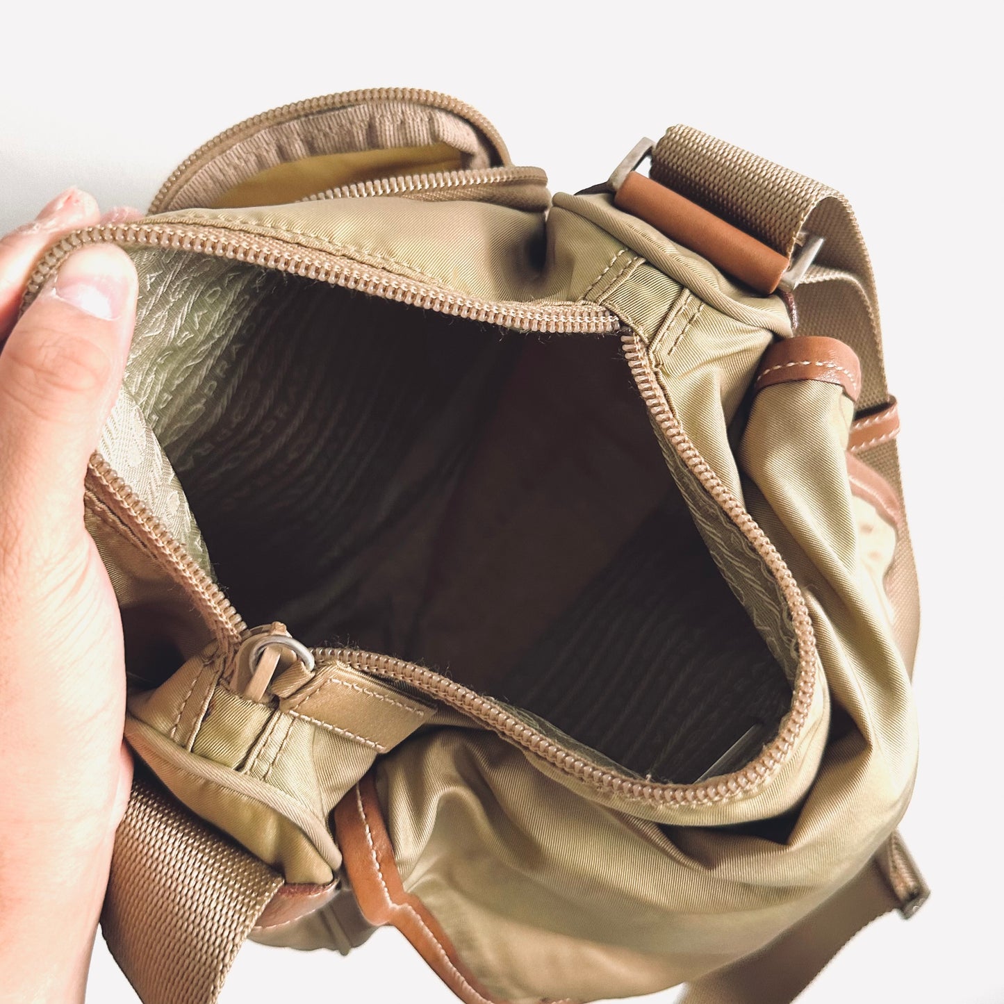 Prada Tan Khaki Tessuto Classic Logo Nylon & Leather Flap Shoulder Sling Bag
