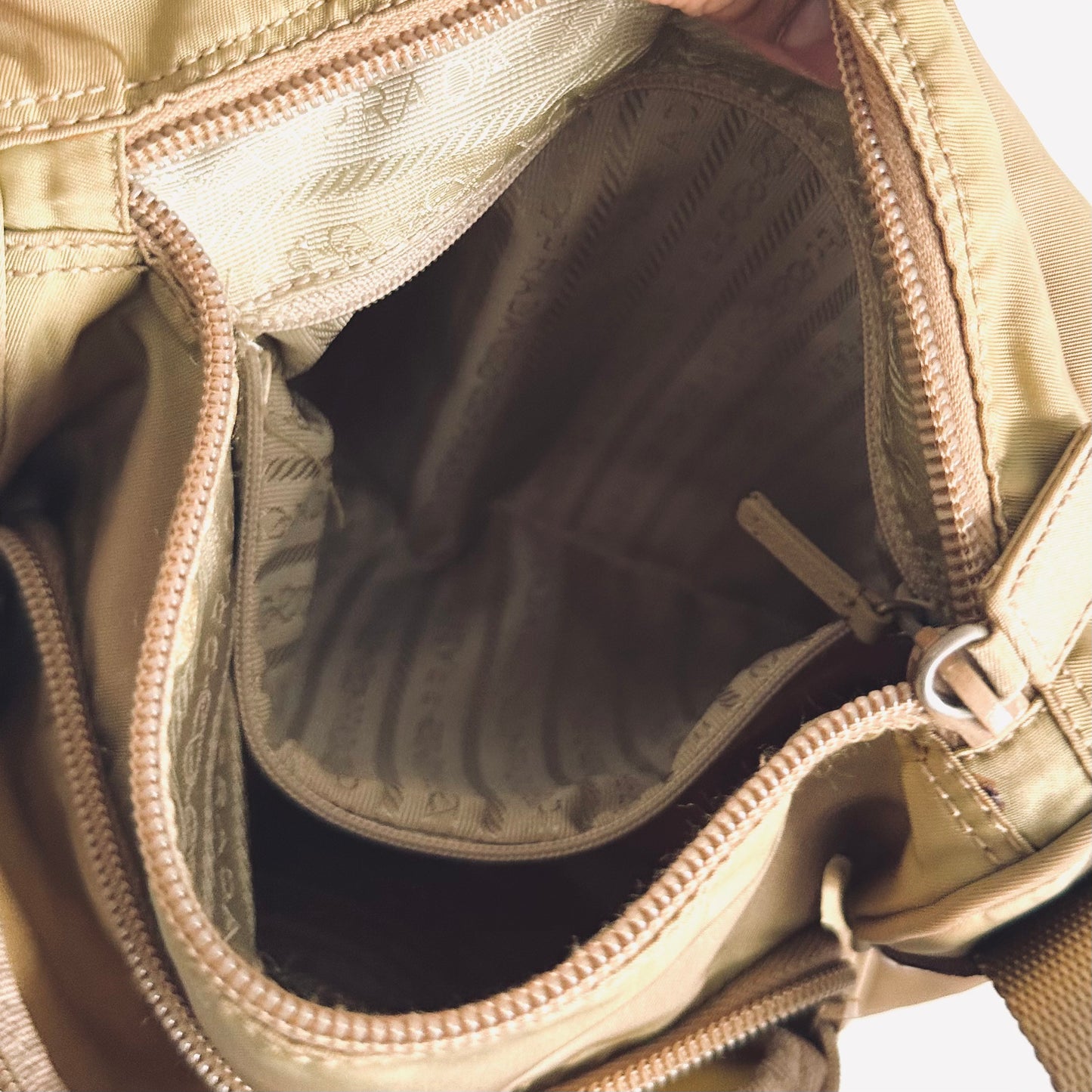Prada Tan Khaki Tessuto Classic Logo Nylon & Leather Flap Shoulder Sling Bag