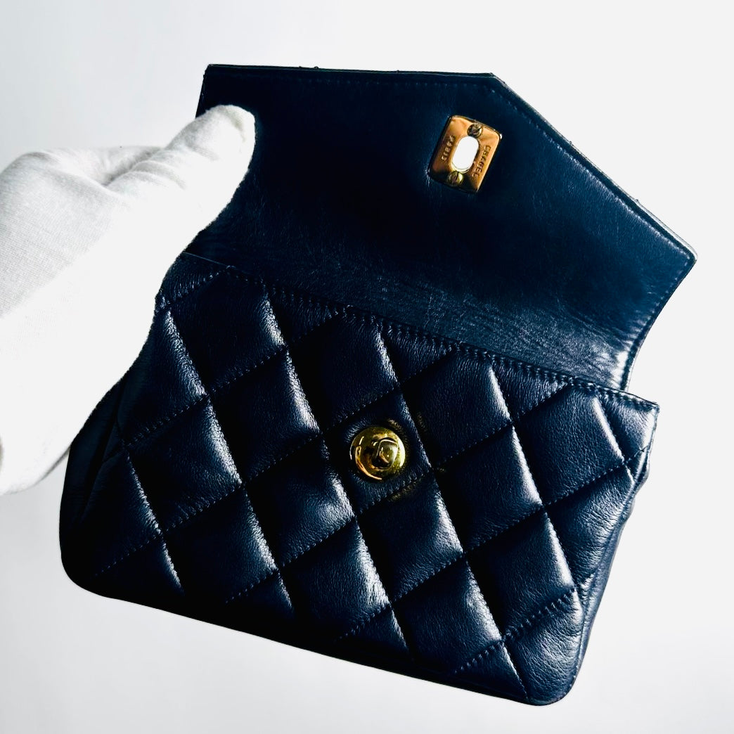 Chanel Navy Blue GHW Giant CC Logo Quilted Lambskin Turnlock 2-Way Vintage Belt Waist Shoulder Sling Bag Clutch Pouch