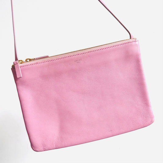 Celine Bubblegum Baby Pink GHW Large Trio Logo Shoulder Sling Bag / Pouch Case Clutch
