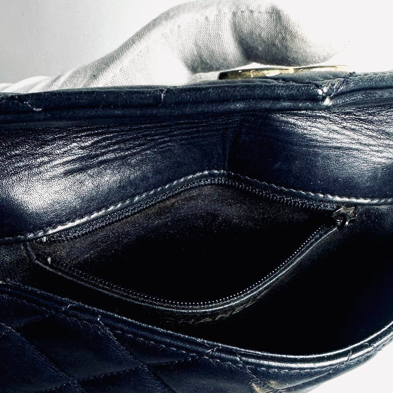 Chanel Navy Blue GHW Giant CC Logo Quilted Lambskin Turnlock 2-Way Vintage Belt Waist Shoulder Sling Bag Clutch Pouch