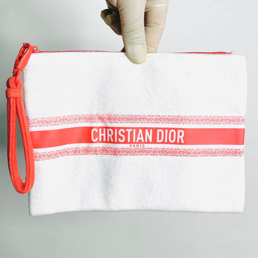 Christian Dior Red / White Trousse Monogram Logo Zip Clutch Pouch Case Wrislet Parfums