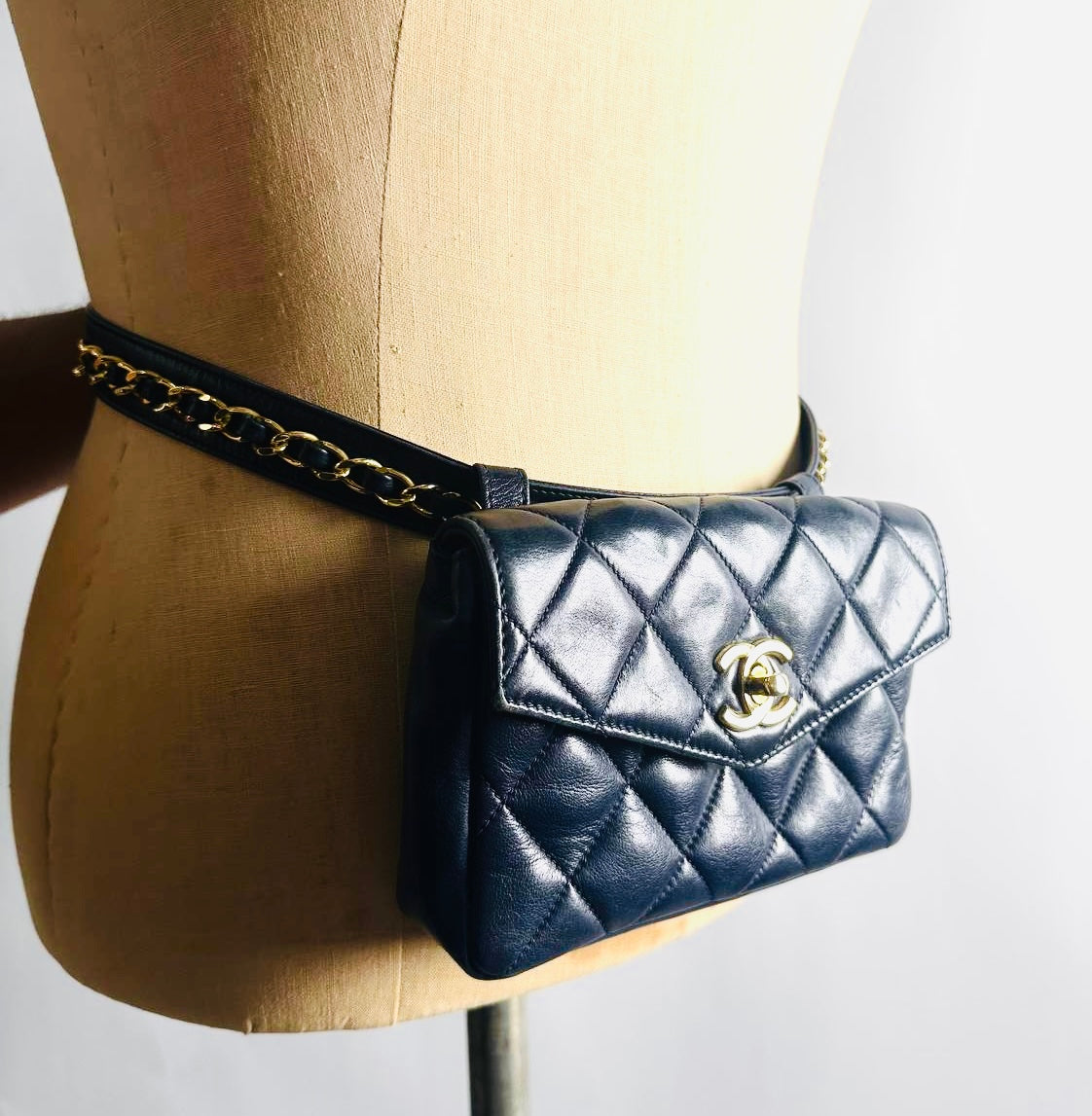 Chanel Navy Blue GHW Giant CC Logo Quilted Lambskin Turnlock 2-Way Vintage Belt Waist Shoulder Sling Bag Clutch Pouch