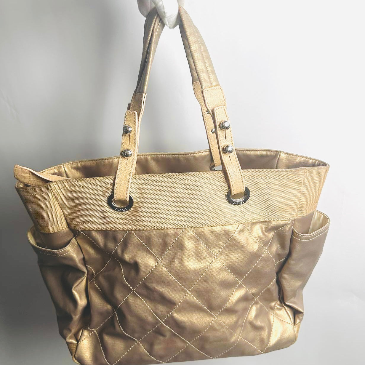 Chanel Beige Taupe Metallic Paris Biarritz CC Monogram Logo Quilted Fabric & Leather Shopper Shoulder Tote Bag With Pockets 11s
