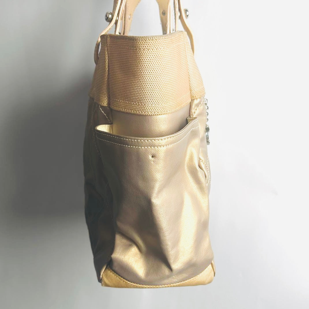 Chanel Beige Taupe Metallic Paris Biarritz CC Monogram Logo Quilted Fabric & Leather Shopper Shoulder Tote Bag With Pockets 11s