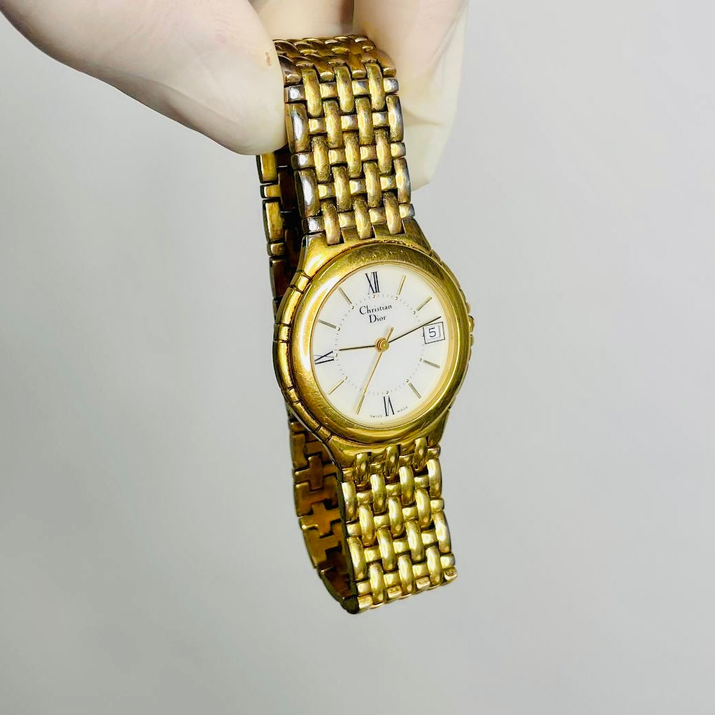 Christian Dior CD Monogram Logo White Round Dial Gold Stainless Steel 32MM Watch