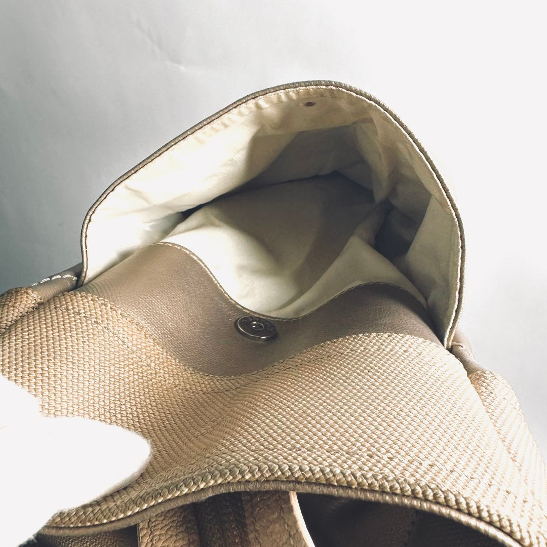 Chanel Beige Taupe Metallic Paris Biarritz CC Monogram Logo Quilted Fabric & Leather Shopper Shoulder Tote Bag With Pockets 11s
