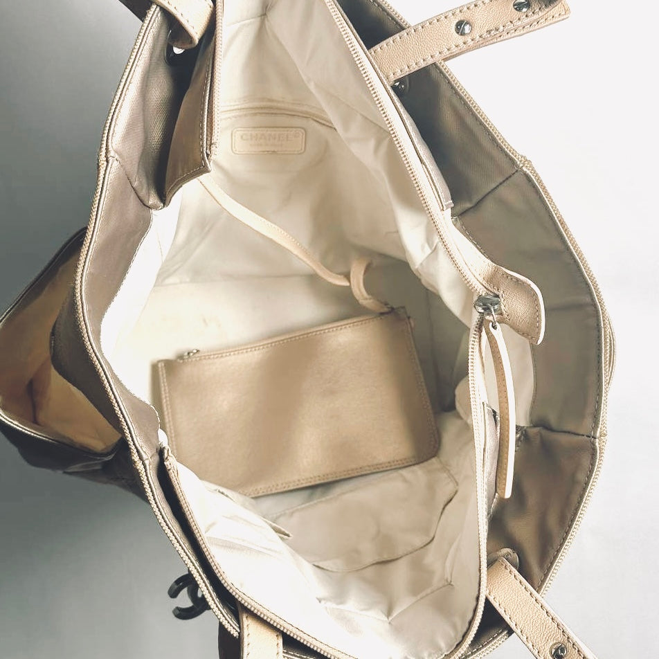 Chanel Beige Taupe Metallic Paris Biarritz CC Monogram Logo Quilted Fabric & Leather Shopper Shoulder Tote Bag With Pockets 11s