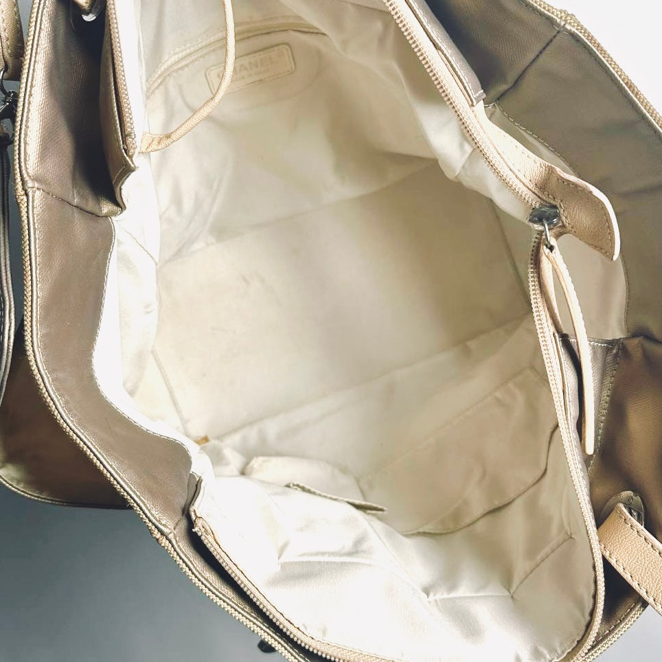 Chanel Beige Taupe Metallic Paris Biarritz CC Monogram Logo Quilted Fabric & Leather Shopper Shoulder Tote Bag With Pockets 11s