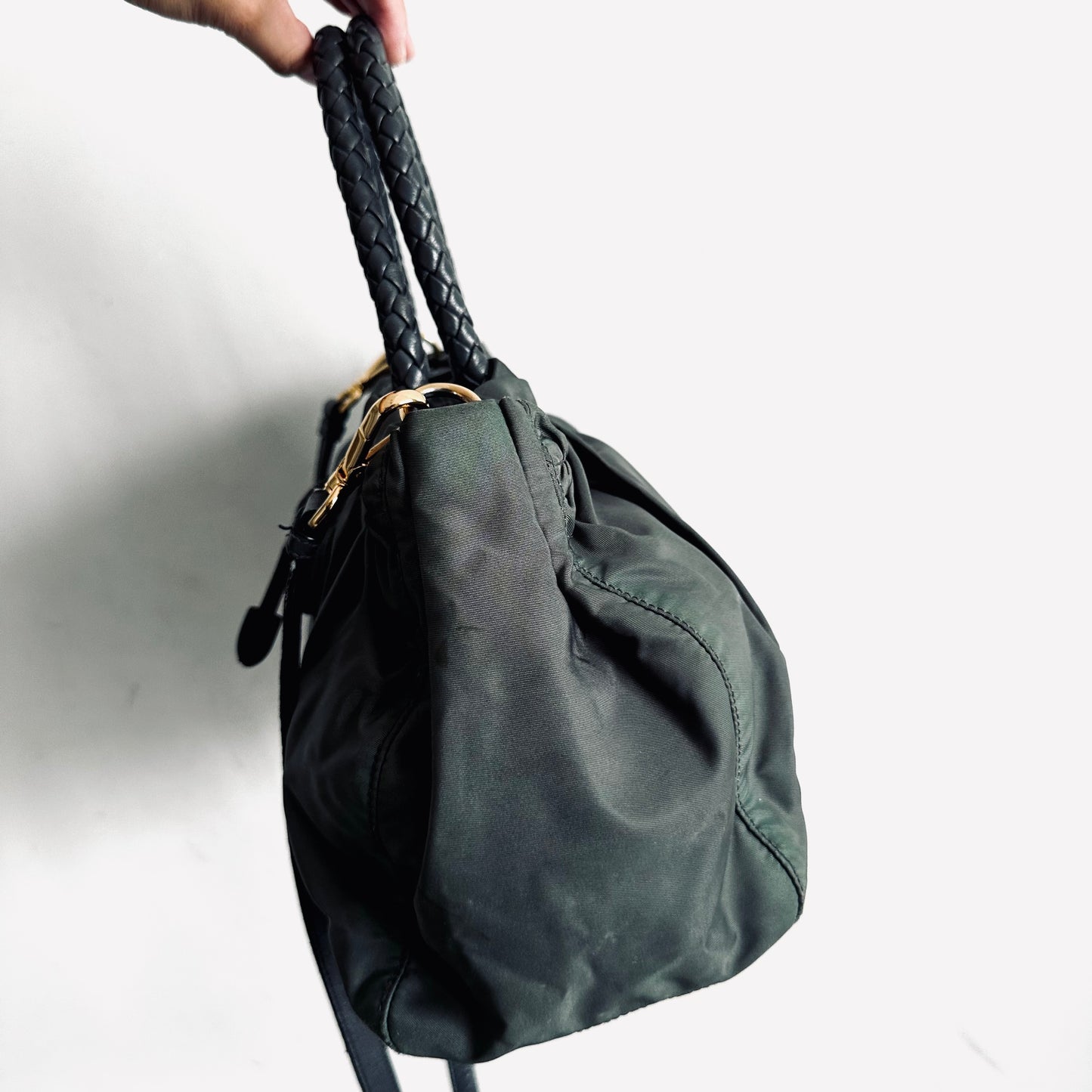 Prada Dark Green Ardesia GHW Ruched Tessuto Bow Classic Logo Nylon & Leather 2-Way Shoulder Sling Shopper Tote Bag