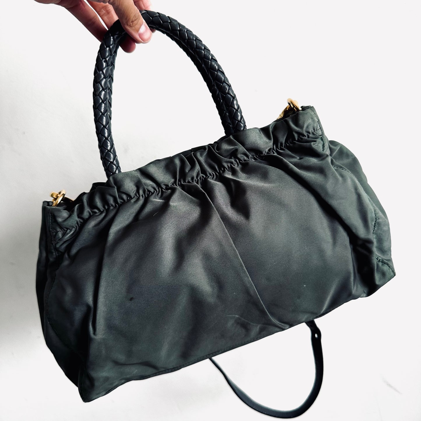 Prada Dark Green Ardesia GHW Ruched Tessuto Bow Classic Logo Nylon & Leather 2-Way Shoulder Sling Shopper Tote Bag