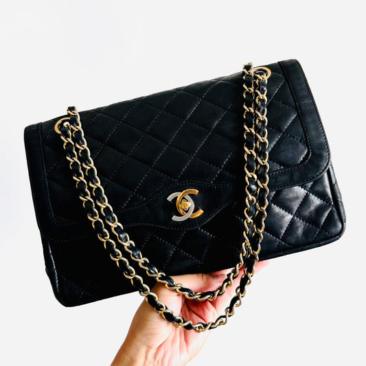 Chanel Paris Limited Black GHW Medium Classic Double Flap DF Quilted Lambskin Turnlock CC Logo Vintage Shoulder Sling Bag 0s