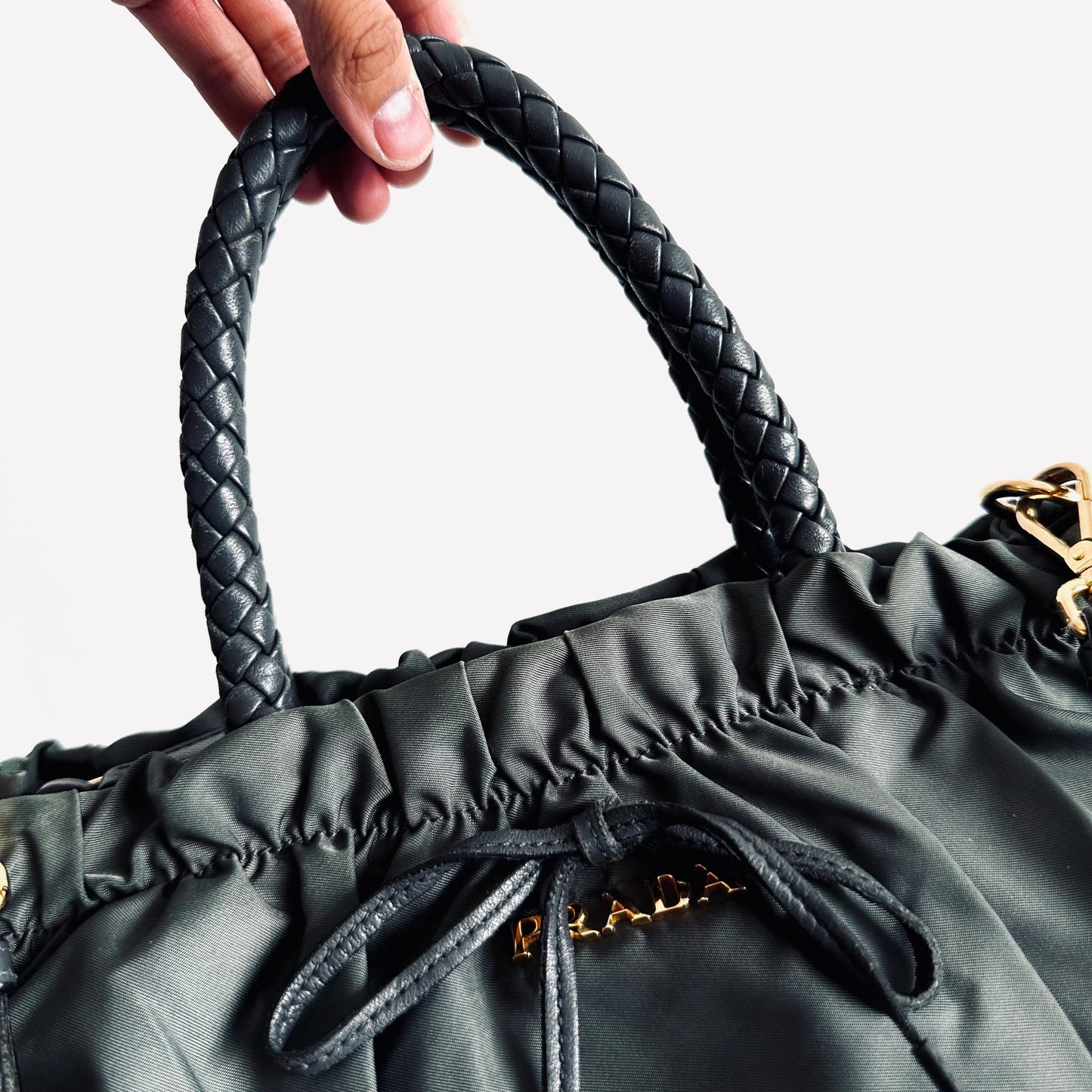 Prada Dark Green Ardesia GHW Ruched Tessuto Bow Classic Logo Nylon & Leather 2-Way Shoulder Sling Shopper Tote Bag