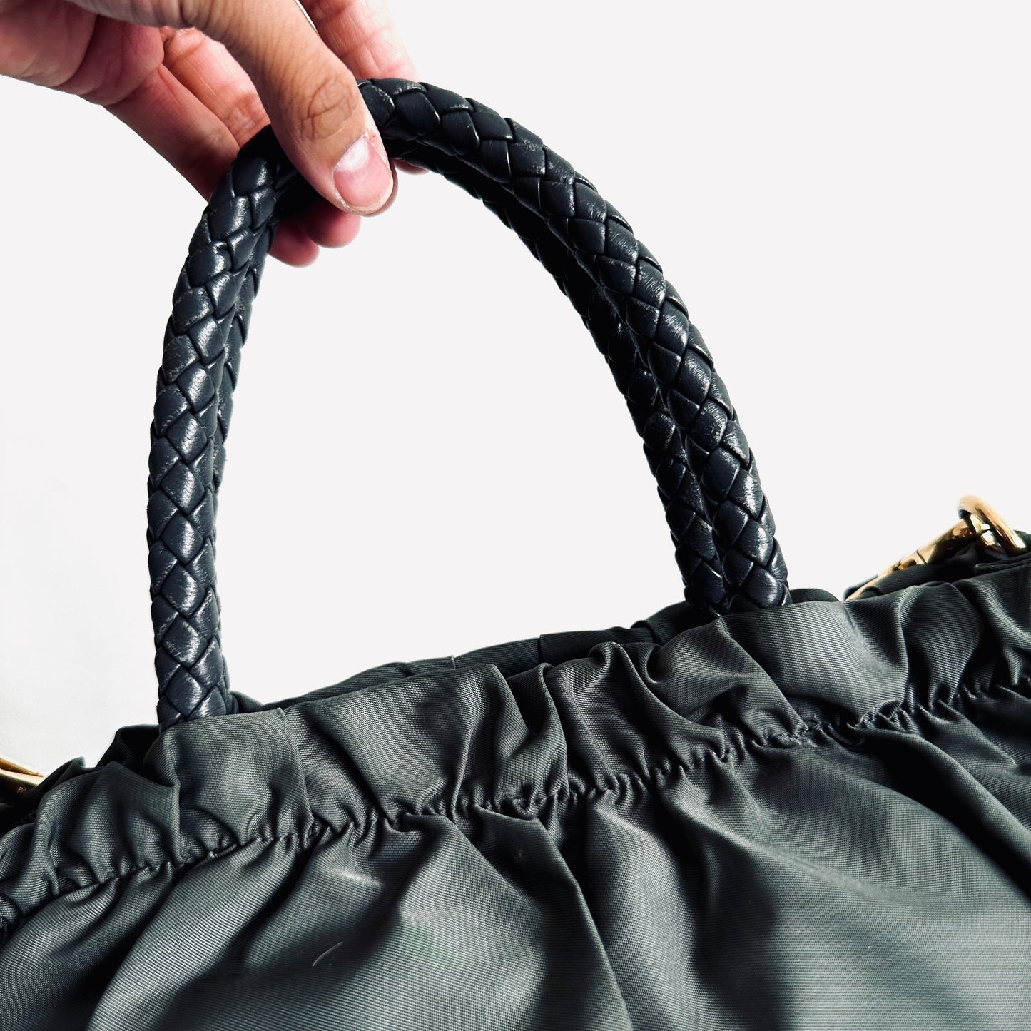 Prada Dark Green Ardesia GHW Ruched Tessuto Bow Classic Logo Nylon & Leather 2-Way Shoulder Sling Shopper Tote Bag