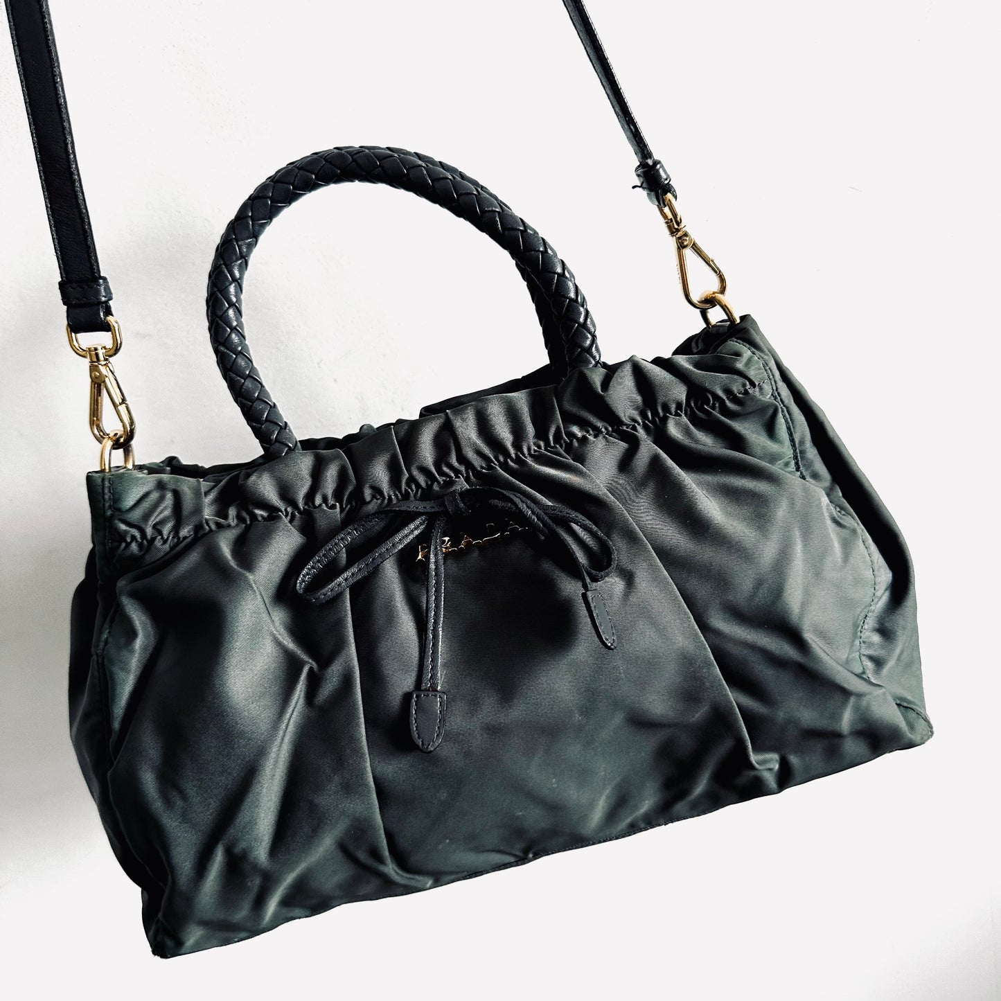 Prada Dark Green Ardesia GHW Ruched Tessuto Bow Classic Logo Nylon & Leather 2-Way Shoulder Sling Shopper Tote Bag