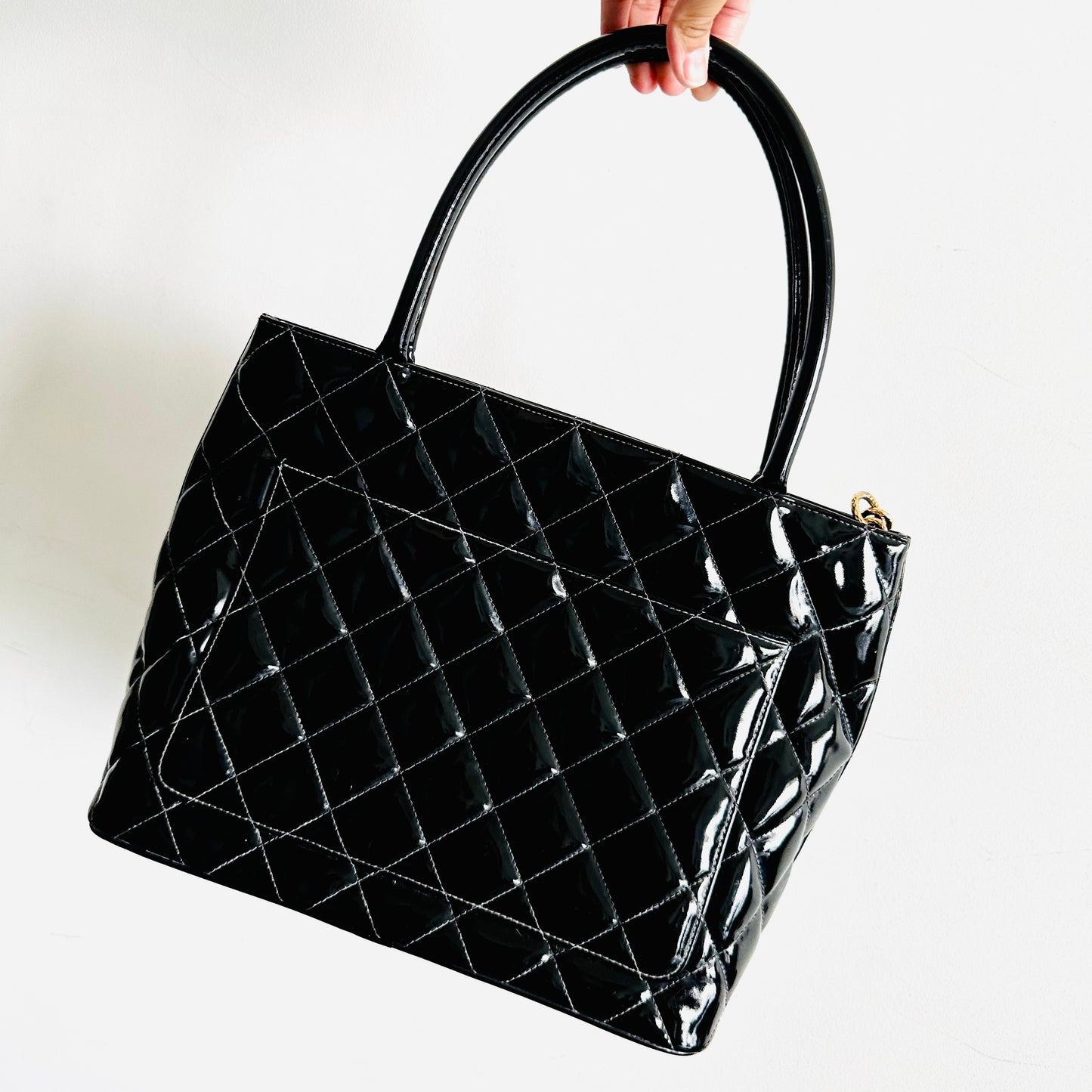 Chanel Black GHW Medallion Giant CC Monogram Logo Quilted Patent Shoulder Shopper Tote Bag 7s