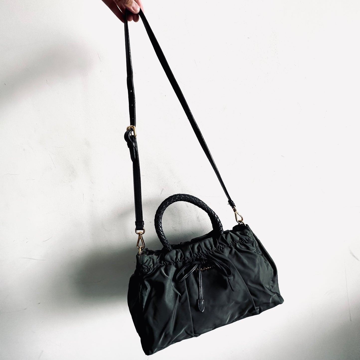 Prada Dark Green Ardesia GHW Ruched Tessuto Bow Classic Logo Nylon & Leather 2-Way Shoulder Sling Shopper Tote Bag