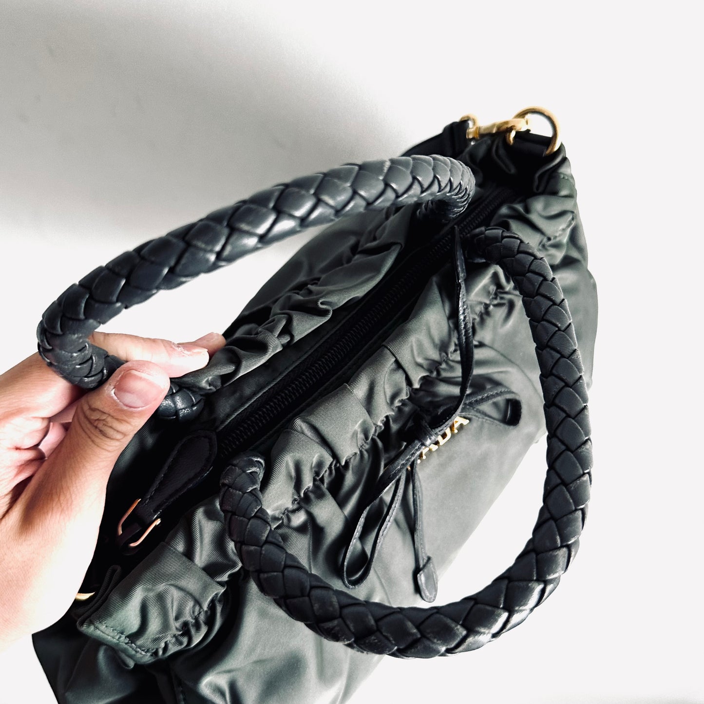 Prada Dark Green Ardesia GHW Ruched Tessuto Bow Classic Logo Nylon & Leather 2-Way Shoulder Sling Shopper Tote Bag
