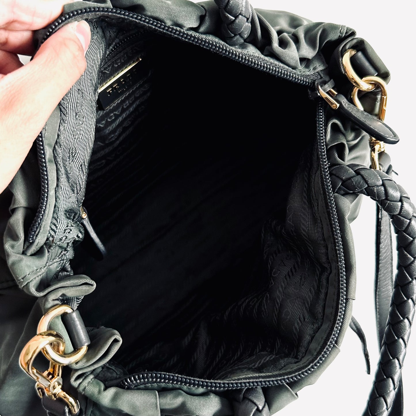 Prada Dark Green Ardesia GHW Ruched Tessuto Bow Classic Logo Nylon & Leather 2-Way Shoulder Sling Shopper Tote Bag