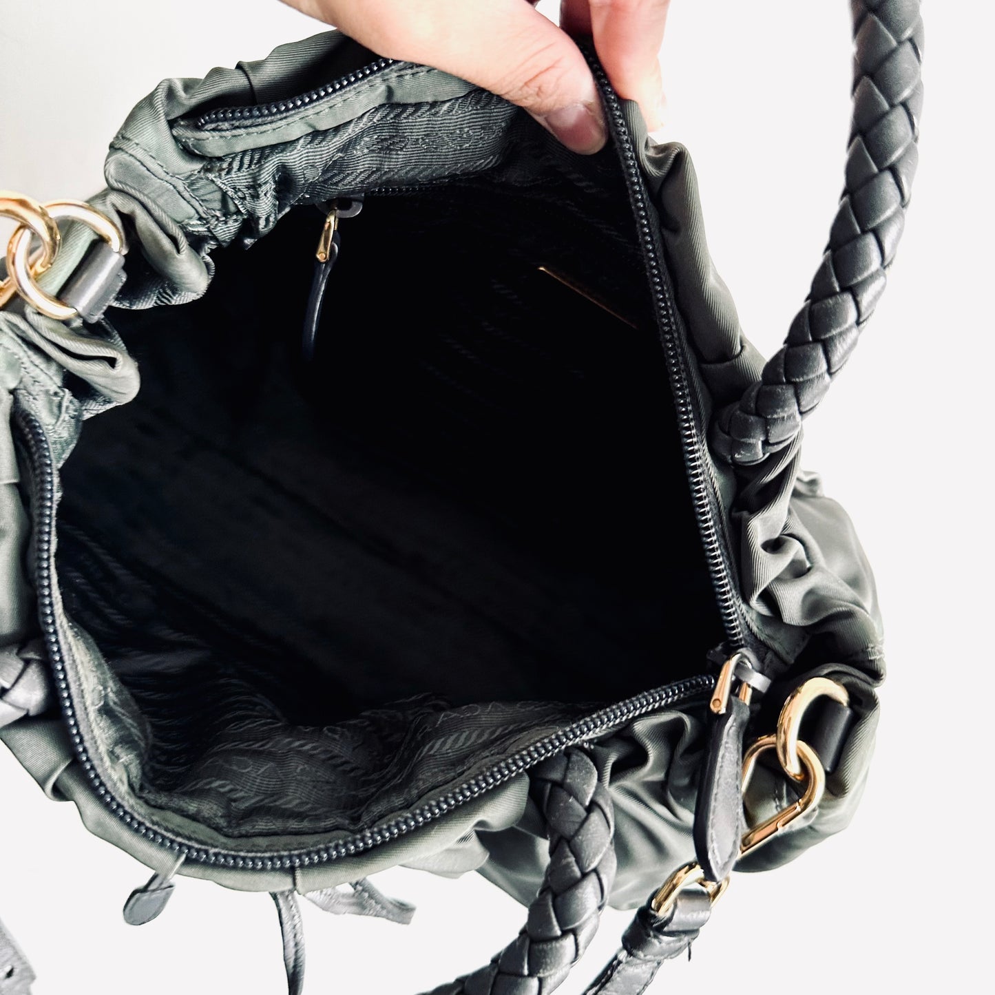 Prada Dark Green Ardesia GHW Ruched Tessuto Bow Classic Logo Nylon & Leather 2-Way Shoulder Sling Shopper Tote Bag