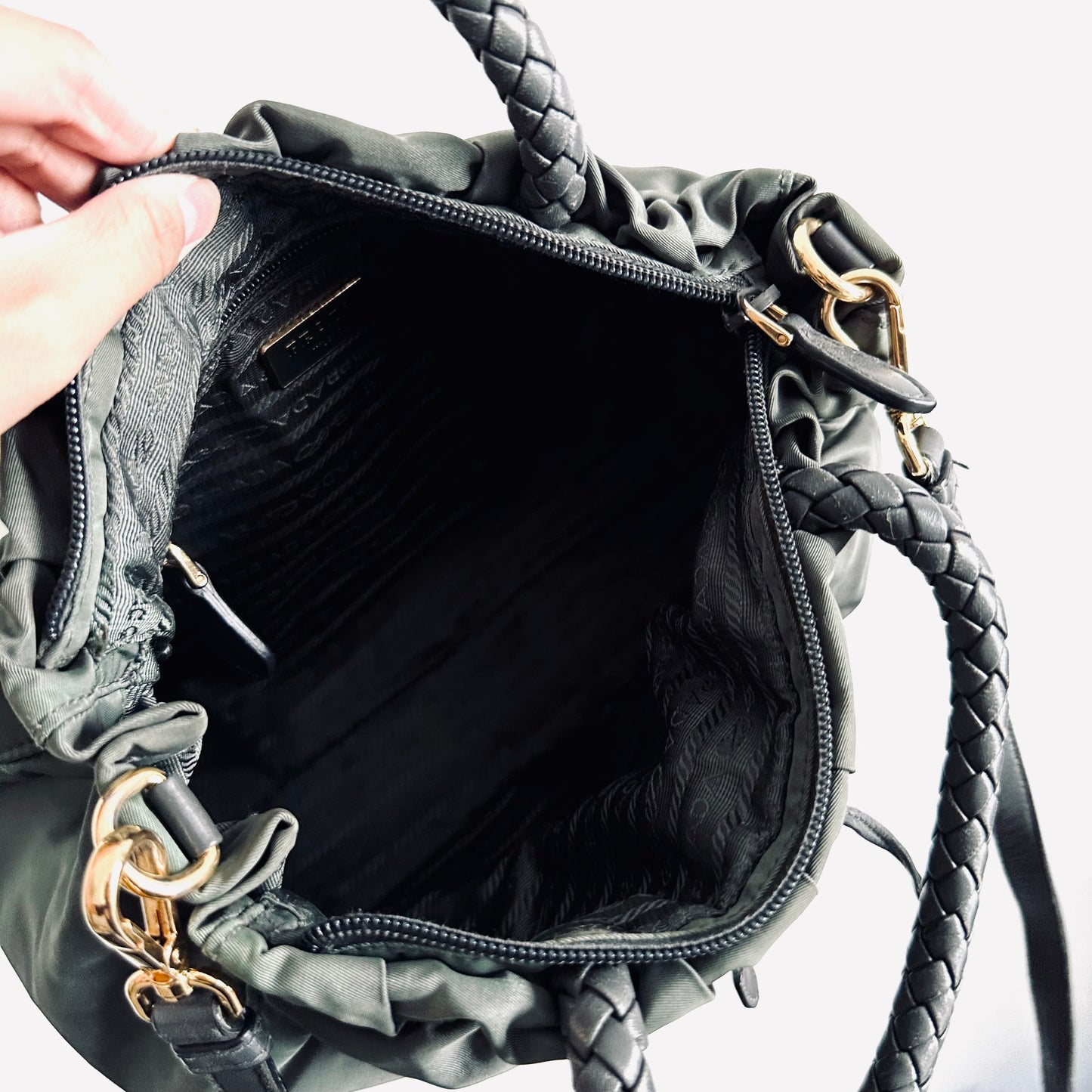 Prada Dark Green Ardesia GHW Ruched Tessuto Bow Classic Logo Nylon & Leather 2-Way Shoulder Sling Shopper Tote Bag