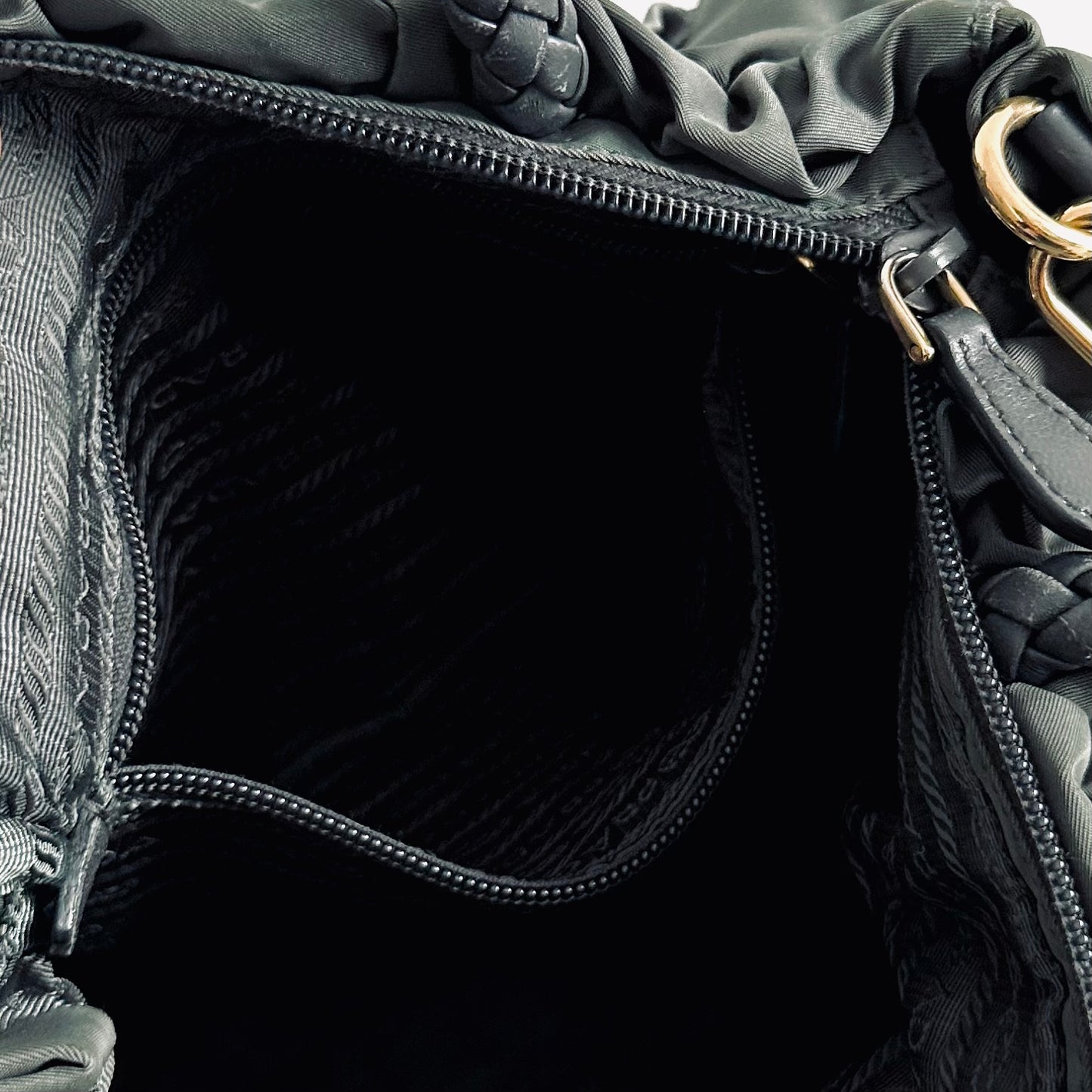 Prada Dark Green Ardesia GHW Ruched Tessuto Bow Classic Logo Nylon & Leather 2-Way Shoulder Sling Shopper Tote Bag