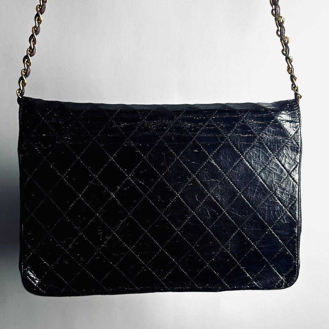 Chanel CC Black GHW Logo Classic Flap Quilted Lambskin Turnlock Vintage Shoulder Sling Bag 0s