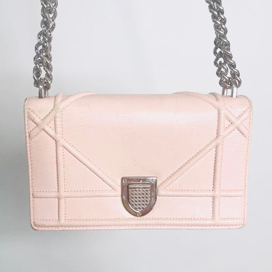 Christian Dior Diorama Pale Pink Monogram Logo Cannage Quilted Leather 2-Way Flap Small Shoulder Sling Chain Bag