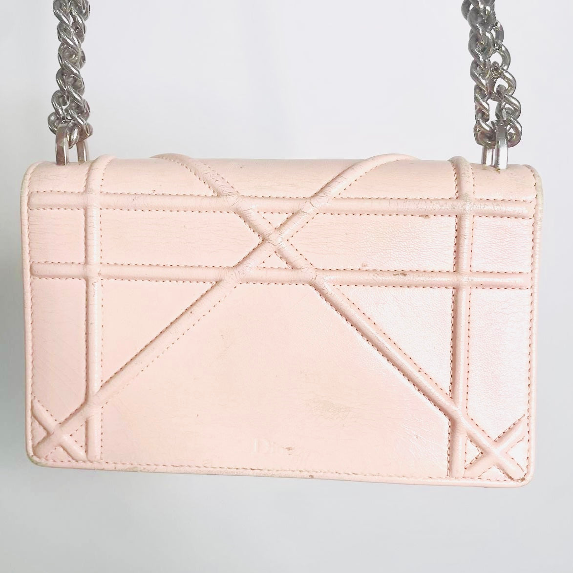Christian Dior Diorama Pale Pink Monogram Logo Cannage Quilted Leather 2-Way Flap Small Shoulder Sling Chain Bag