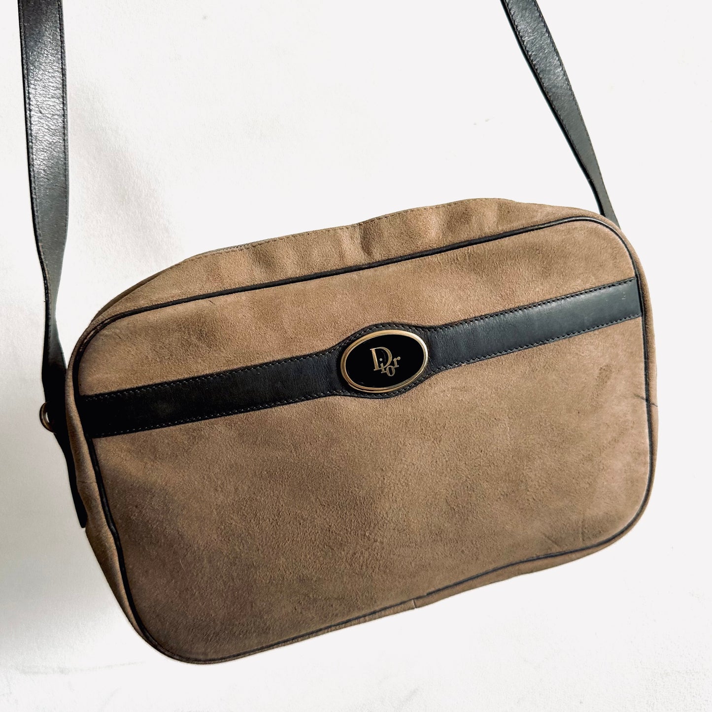 Christian Dior CD Taupe Brown GHW Giant Monogram Logo Suede Vintage Shoulder Sling Bag